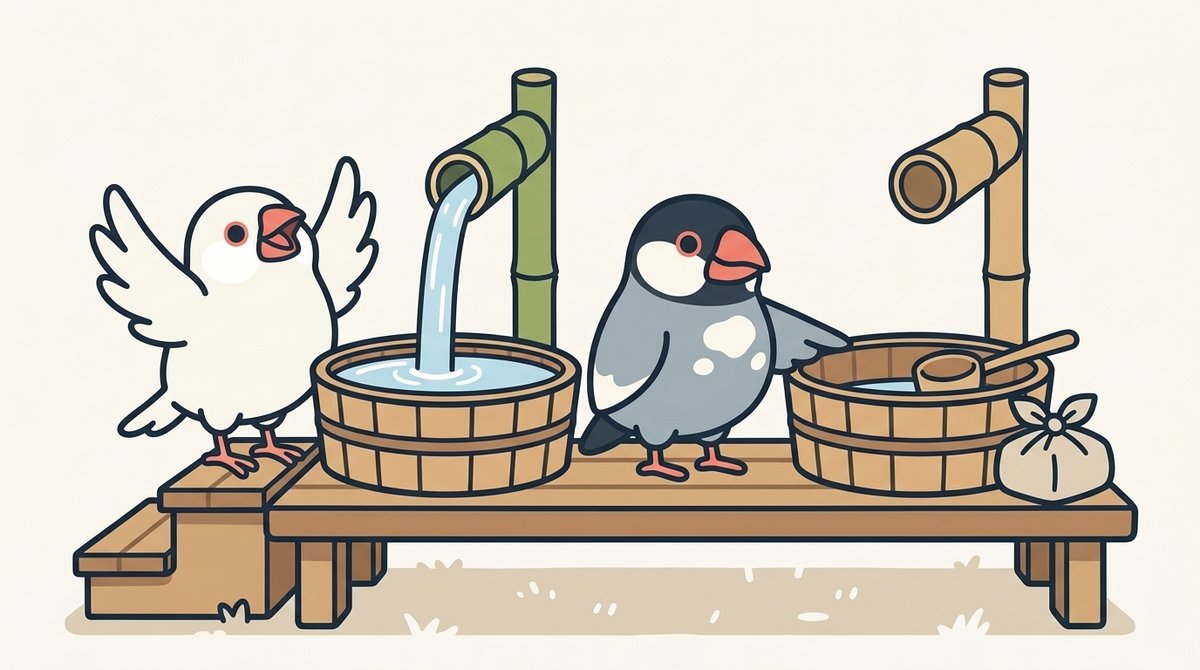 左の桶だけ樋から水が注がれて水位が上がり、右の桶は樋が外れたままで低い。柄杓と包みが置かれているのは右の桶の側で、しぐれがそちらを指し、みぞれは左の桶を見上げている