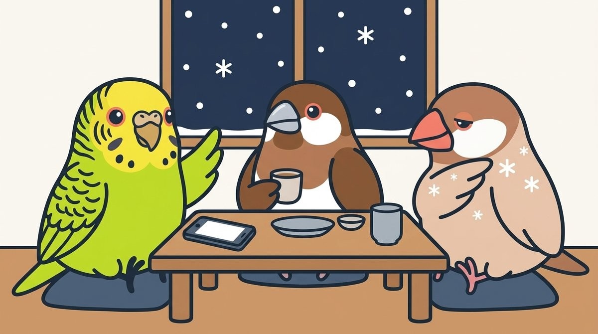 雪の夜の同窓会の席。セキセイインコのあられが話し、ジュウシマツのこがらしが聞き、遅れて来たシナモン文鳥のおこげが肩の雪を払っている