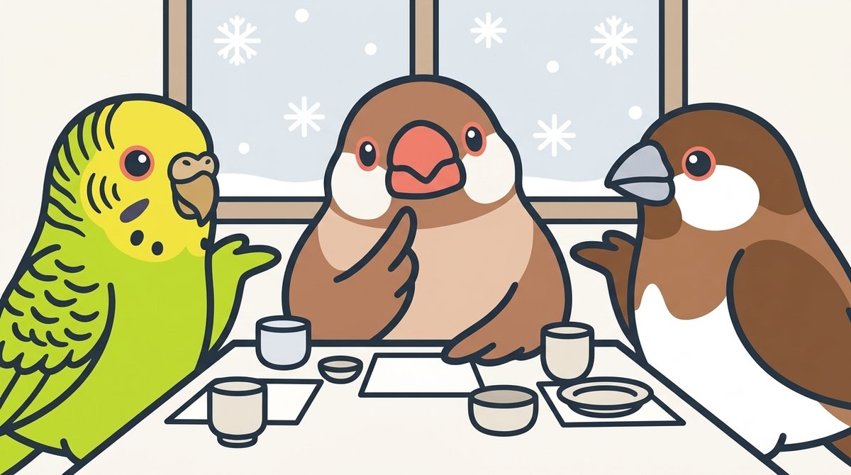 翼の先を立てて数える仕草で質問するおこげに、あられとこがらしが顔を見合わせて答えられずにいる