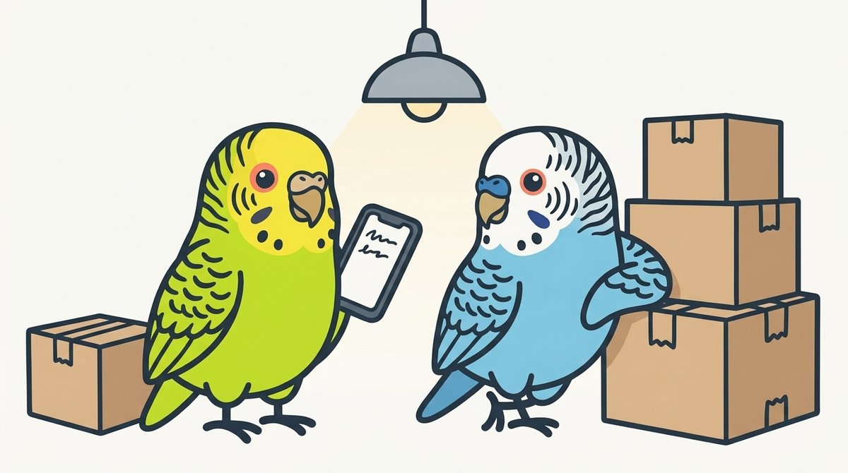 引っ越し先の台所で、スマートフォンを見てはっとするセキセイインコのあられと、段ボールのそばで振り返る夫