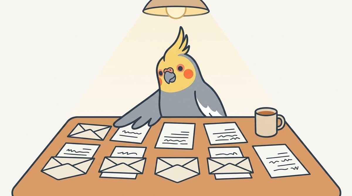 夜の台所で、届いた控除証明書の封筒を七通並べて見比べるオカメインコのふぶき