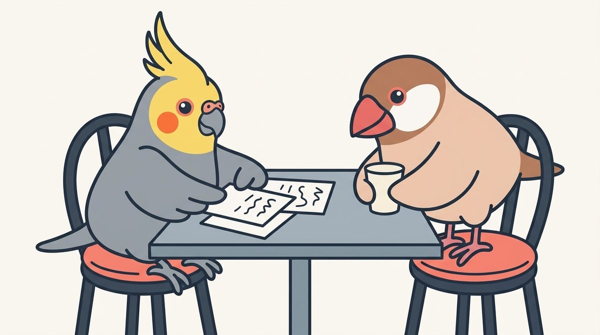 会社の休憩スペースで書類を広げるオカメインコのふぶきと、紙コップを持ってのぞきこむシナモン文鳥のおこげ