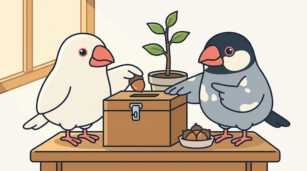 白文鳥のみぞれが掛け金のついた木箱にどんぐりを入れ、隣の鉢では同じどんぐりから育った若木が伸びている