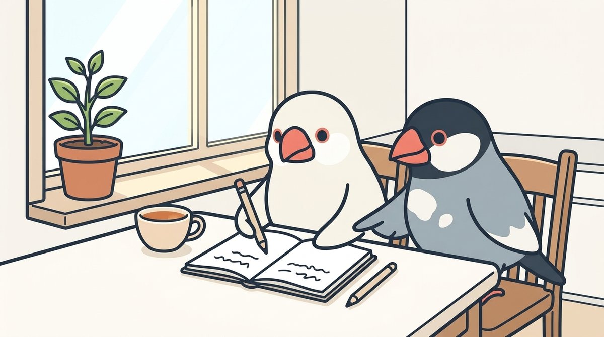 朝の明るい食卓で、白文鳥のみぞれがノートにこれからの予定を書き、桜文鳥のしぐれが隣で寄り添っている