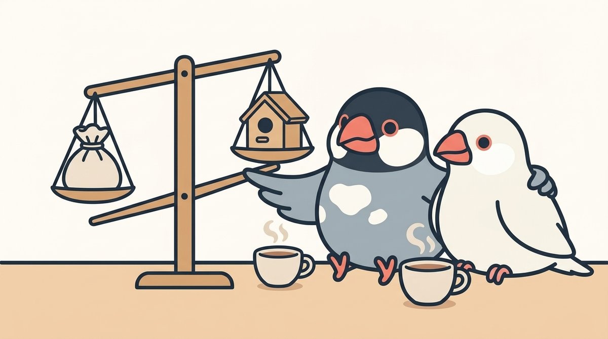 明るい部屋で、しぐれとみぞれが並んで座り、巾着袋と巣箱の模型をのせた木の天秤を一緒に見くらべている。テーブルには湯気の立つカップが2つ