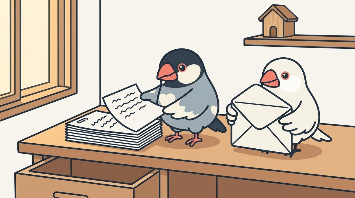 何年分も綴じられた白紙の冊子から1枚だけを外すしぐれと、封筒を開いて待つみぞれ