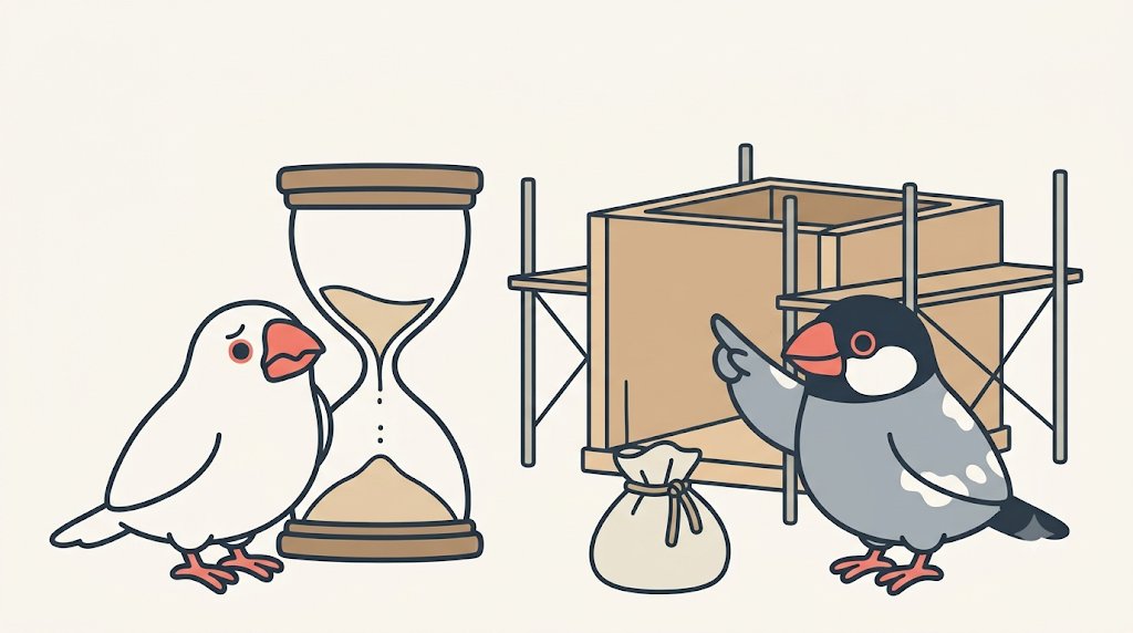 砂の残り少ない大きな砂時計を心配そうに見上げる白文鳥のみぞれと、屋根のまだ載っていない建てかけの巣箱を翼で示す桜文鳥のしぐれ