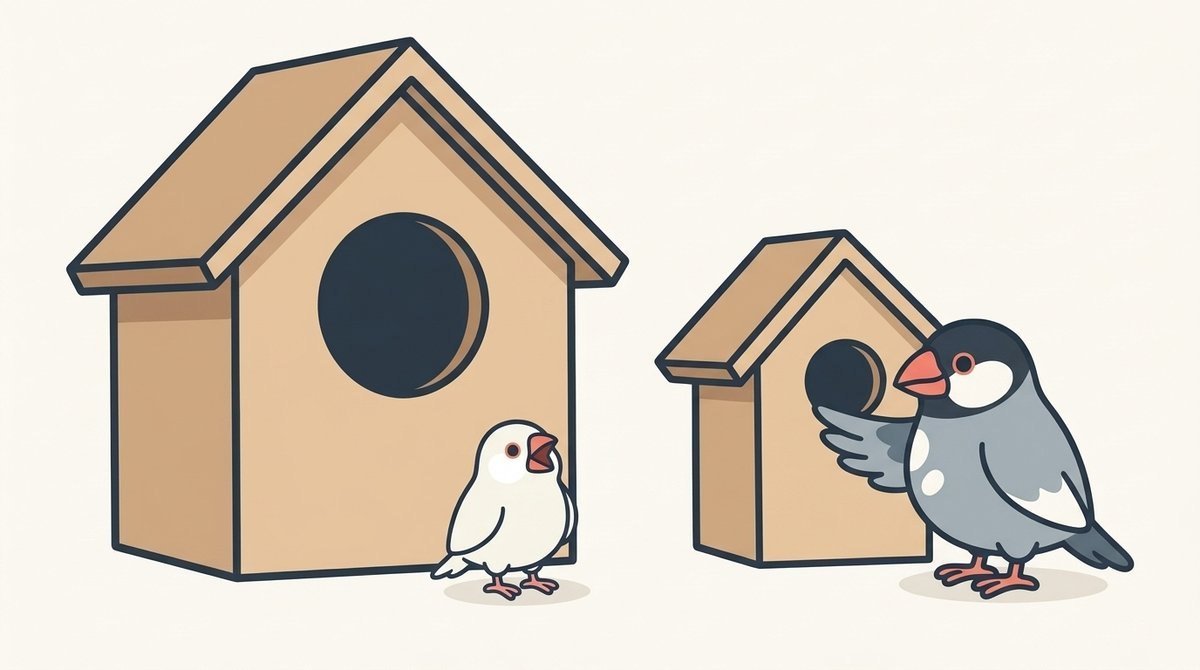 体の何倍もある巨大な巣箱の入り口を見上げて驚く白文鳥のみぞれと、隣で体に合う大きさの巣箱の入り口に翼をあてて幅を比べる桜文鳥のしぐれ