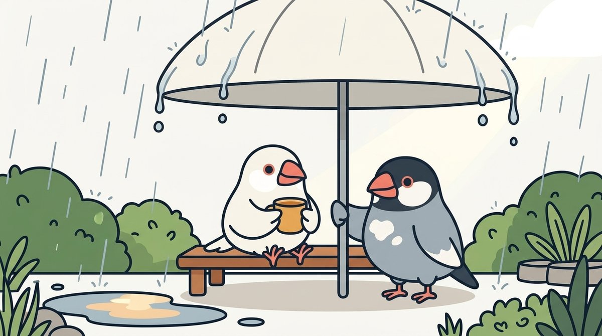 雨の庭で、大きな覆いの下の乾いたベンチに白文鳥のみぞれが座り、桜文鳥のしぐれが支柱に翼を添えて立っている