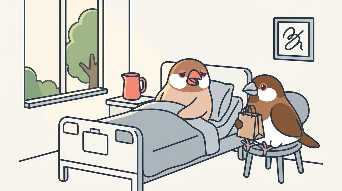 病室のベッドで上半身を起こすシナモン文鳥のおこげと、見舞いに来て椅子に座るジュウシマツのこがらし