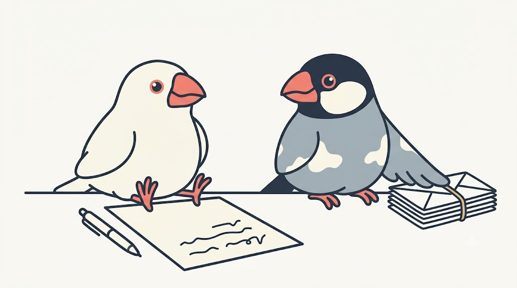 申告の用紙を書き終えてほっとするみぞれの後ろで、机の端に置き去りになった封筒の束にしぐれが翼をのせている