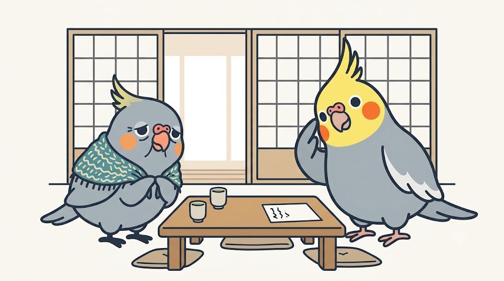 実家の居間で、年を取ったオカメインコの母が、ふぶきに「年金を今から遅らせられるか」と聞いている