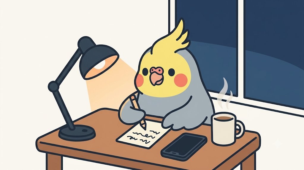 夜、ふぶきがテーブルでメモ帳に、この日分かったことを書き出している