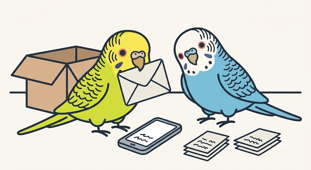 空になった箱の底から、ふるさと納税の封筒を見つけてはっとするセキセイインコのあられと、首をかしげる夫