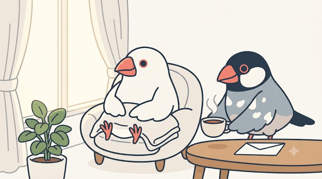 朝の居間で、ひざ掛けをした白文鳥のみぞれが椅子で休み、桜文鳥のしぐれが湯のみと封筒をテーブルに置いている