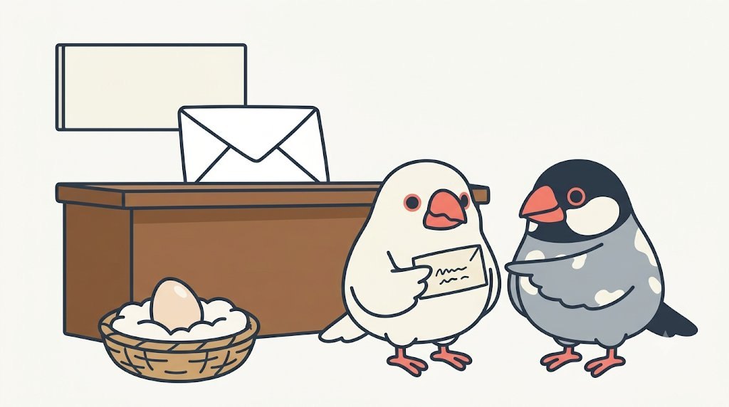 受付台へ大きな封筒がそのまま渡り、白文鳥のみぞれの手元には小さな封筒だけが残っている。足元には綿を敷いたかごと卵がひとつ
