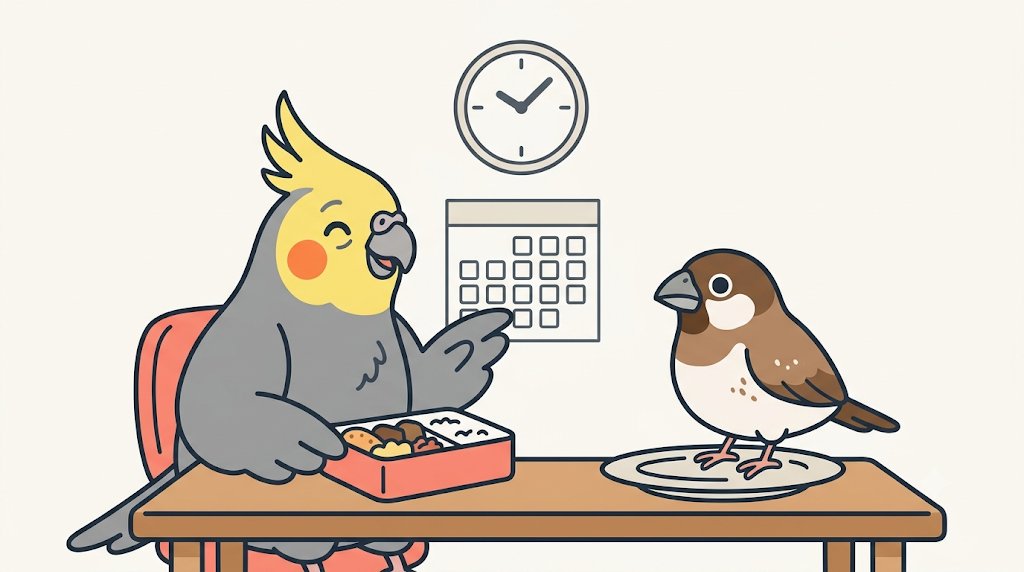 会社の休憩室で、オカメインコのふぶきが、ジュウシマツのこがらしに話しているイラスト