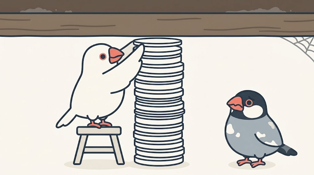 低い梁につかえるまで積み上がった円盤の塔。みぞれが踏み台の上から、ほかよりずっと薄い円盤を一枚だけそっと載せ、しぐれが動かない古い梁を見上げている