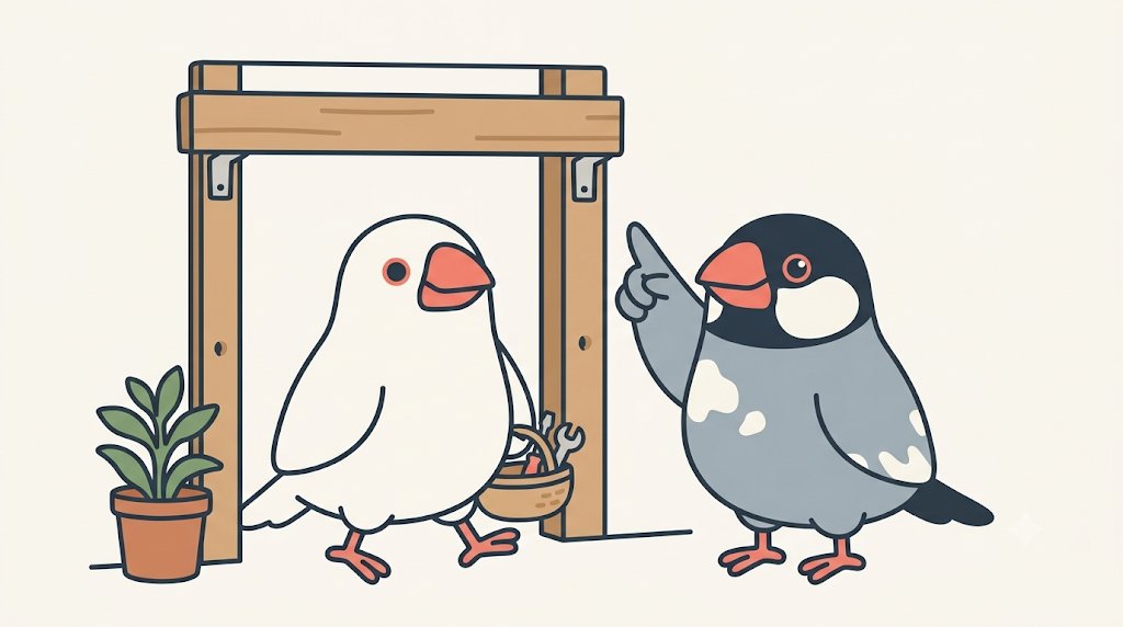高く付け替えられた入口の横木の下を、道具かごを持った白文鳥のみぞれが背を伸ばして通っている