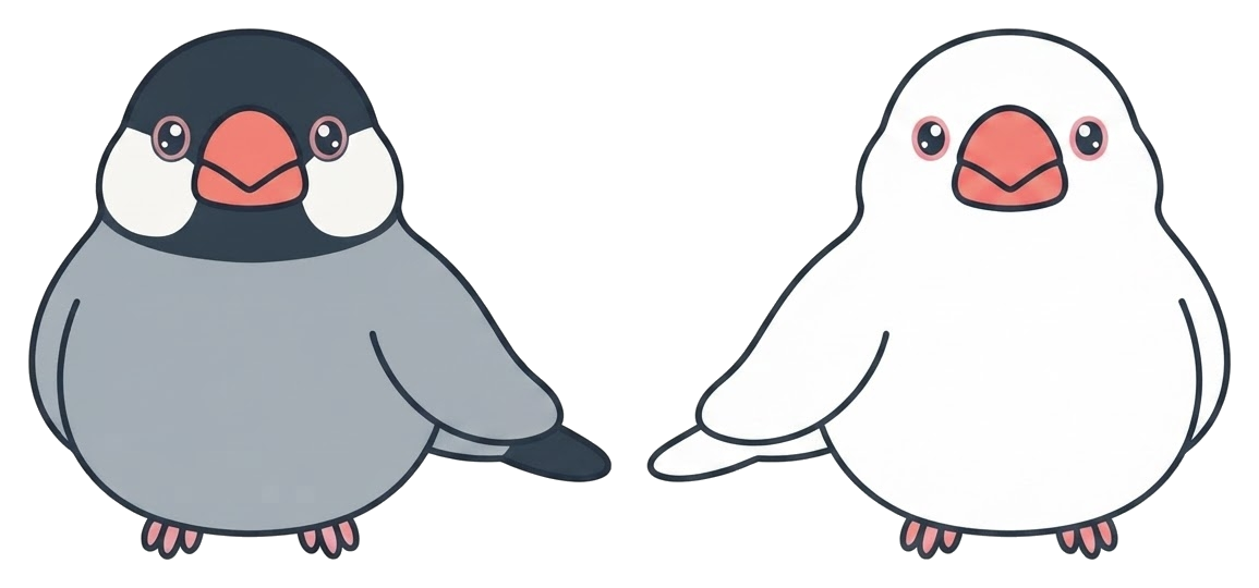 桜文鳥のしぐれと白文鳥のみぞれが並んでいるイラスト