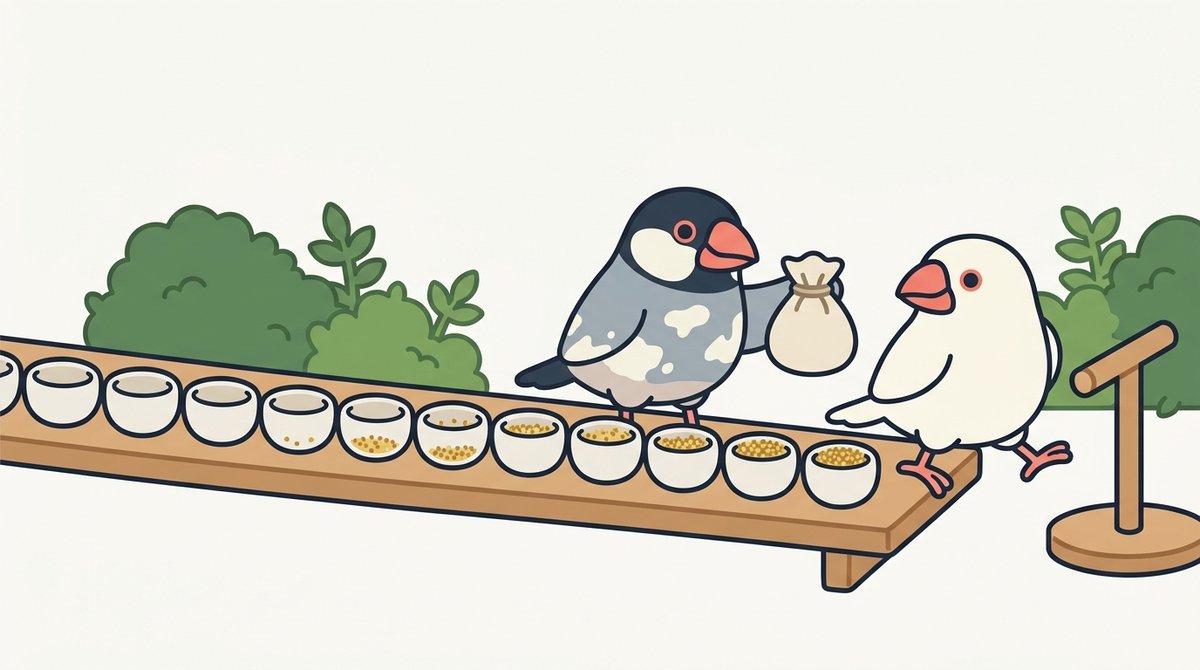 一列に並んだ餌入れのうち最初の3つだけが空で、新しい止まり木へ向かう白文鳥のみぞれに、桜文鳥のしぐれが残りの粟を詰めた小さな袋を差し出している